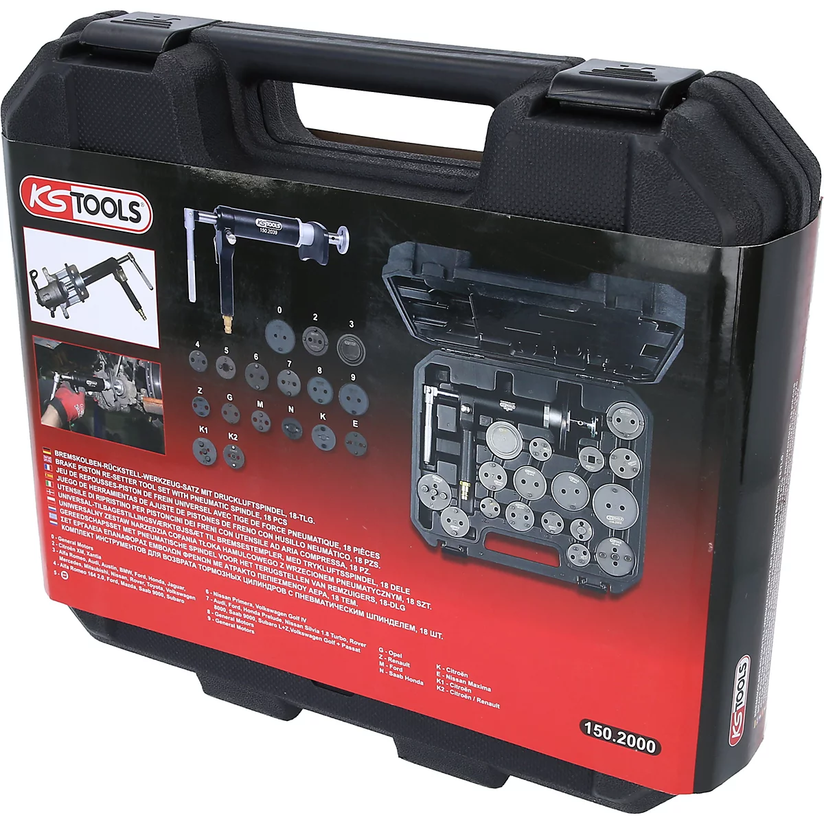 Schwarzer Werkzeugkoffer mit mehreren silbernen Werkzeugen und Aufsätzen.